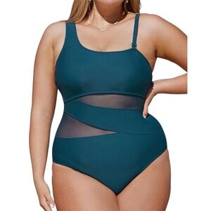 Teal Mesh Panel One-Piece Swimsuit